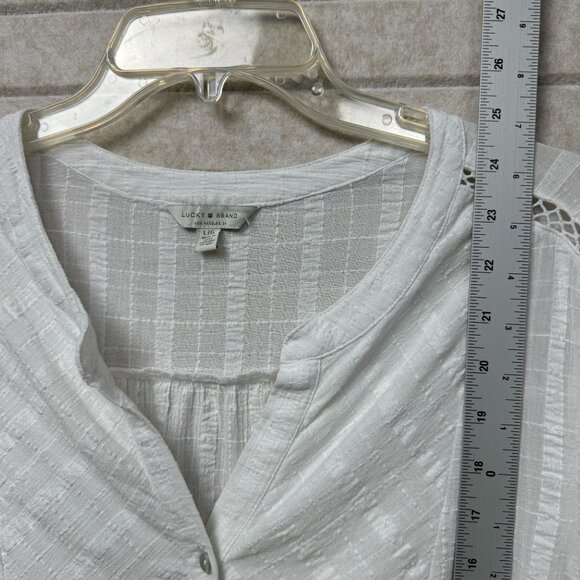 Lucky Brand White Cutwork Textured Short Sleeve Button-Up Blouse Tunic Top L - Picture 6 of 9